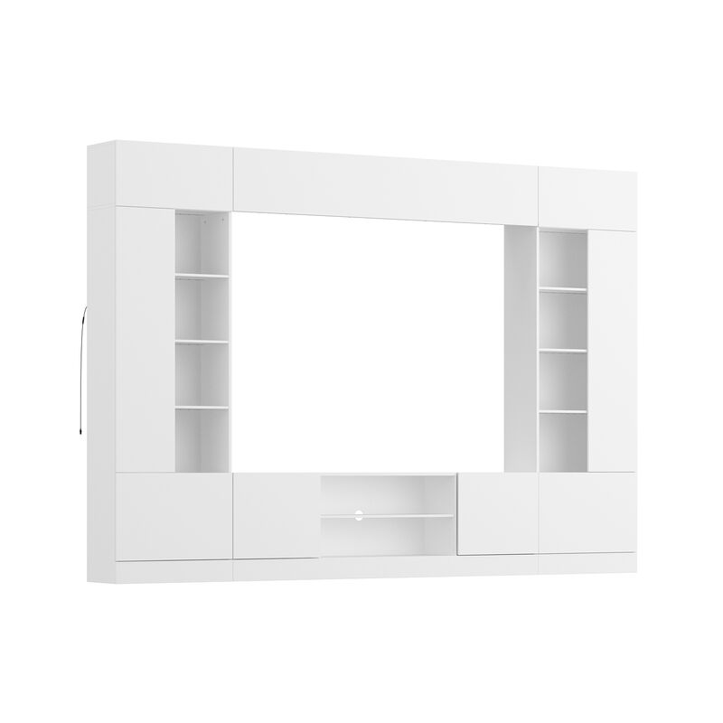 4-Piece White Wood Entertainment Center TV Console with Door Cabinets, Bookshelves, LED Lights for TVs up to 65 in.