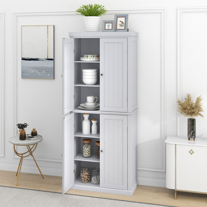 Freestanding Tall Kitchen Pantry, 72.4" Minimalist Kitchen Storage Cabinet Organizer with 4 Doors and Adjustable Shelves, White