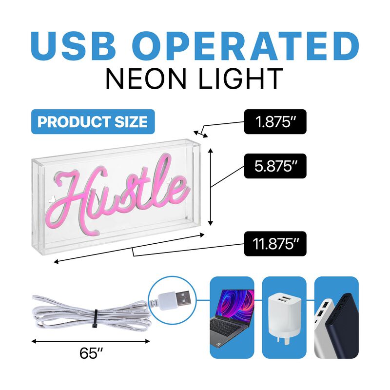 Hustle 11.88" X 5.88" Contemporary Glam Acrylic Box USB Operated LED Neon Light, Pink