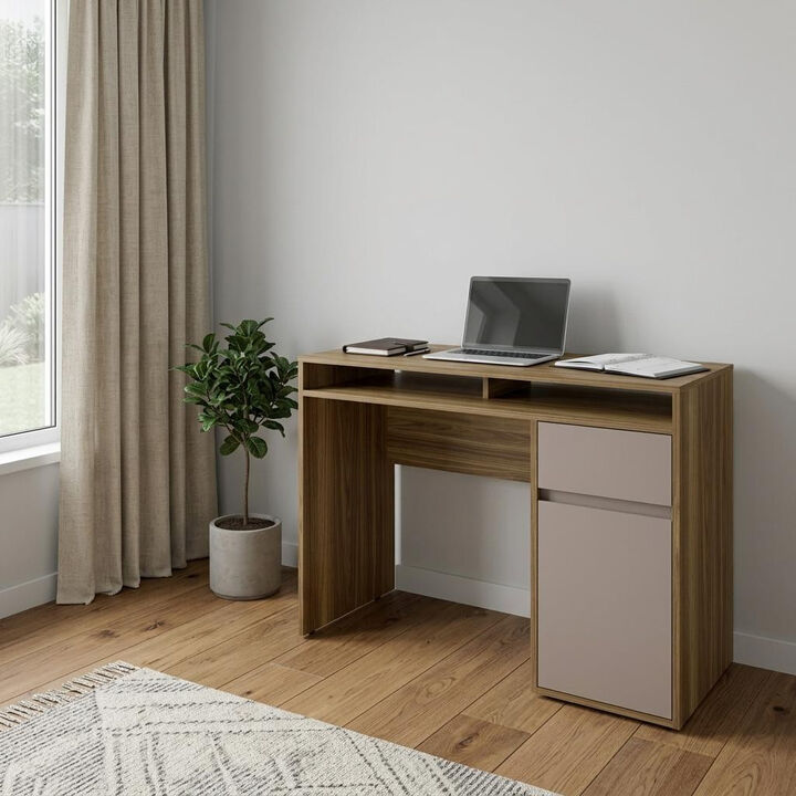 HomeRoots 43" Walnut and Gray Wood Pedestal Computer Desk