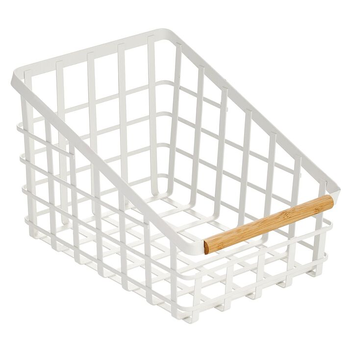 mDesign Small Slanted Metal Kitchen Basket with Wood Handle, Matte White/Natural