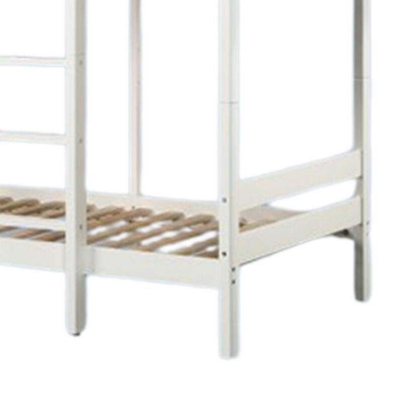 Asin Twin Bunk Bed with Front Facing Ladder, Pine Wood, Crisp White Finish - Benzara