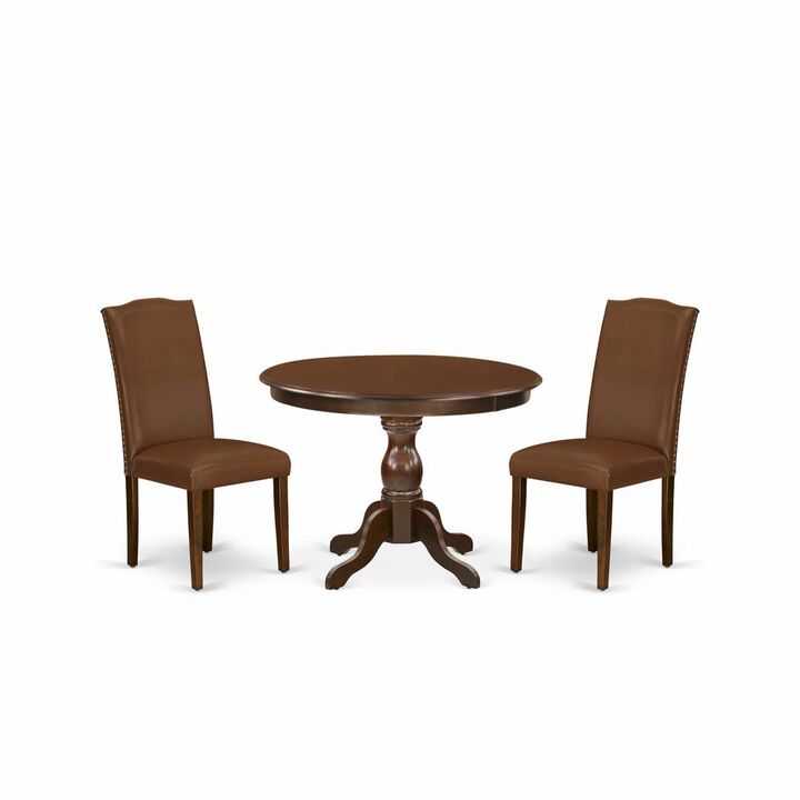 East West Furniture HBEN3-MAH-66 3 Piece Dining Table Set - Mahogany Wood Table and 2 Brown Faux Leather Chairs for Dining Room with High Back - Mahogany Finish