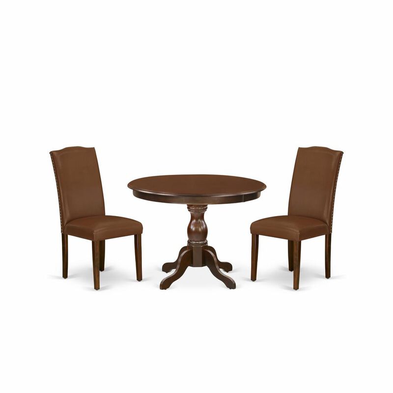 East West Furniture HBEN3-MAH-66 3 Piece Dining Table Set - Mahogany Wood Table and 2 Brown Faux Leather Chairs for Dining Room with High Back - Mahogany Finish