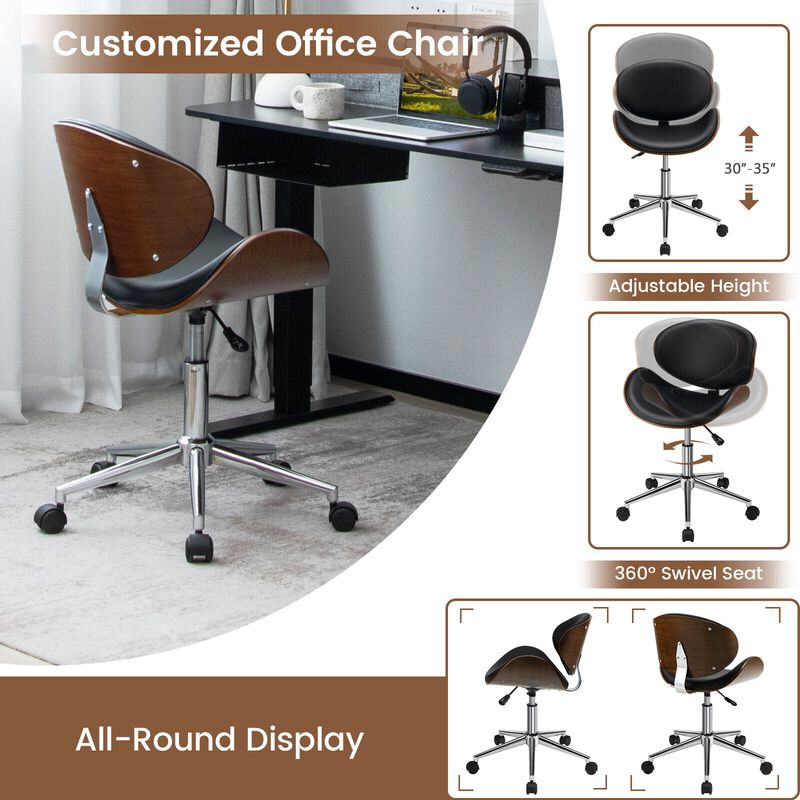 Adjustable Leather Office Chair Swivel Bentwood Desk Chair with Curved Seat-Black