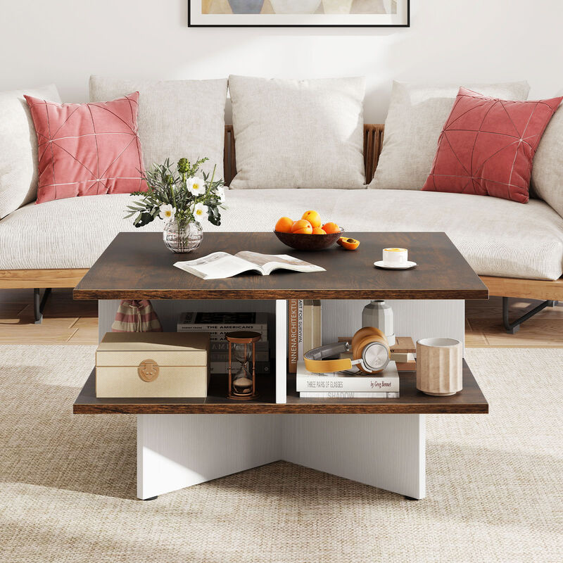 Modern 2-Tier Square Coffee Table Featuring 4 Functional Storage Compartments