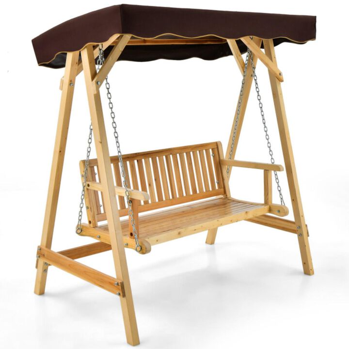 Hivvago Patio Wooden Swing Bench Chair with Adjustable Canopy for 2 Persons