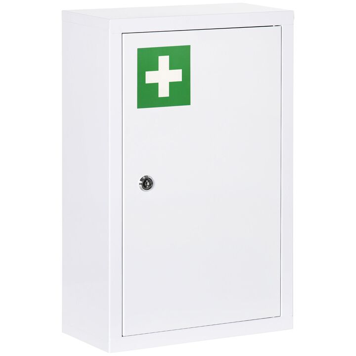 12" x 18" Lockable Medicine Cabinet, 3 Tier Steel Medical Wall Box with 2 Keys and Shelves for Bathroom, White