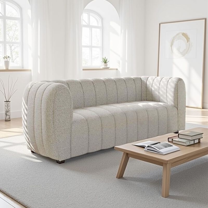Hery Loveseat, 65 Inch, White Boucle, Vertical Channel Tufted Details - Benzara - Benzara