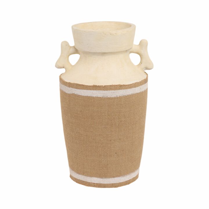 16" Burlap On Terracotta Vase, Ivory/natural