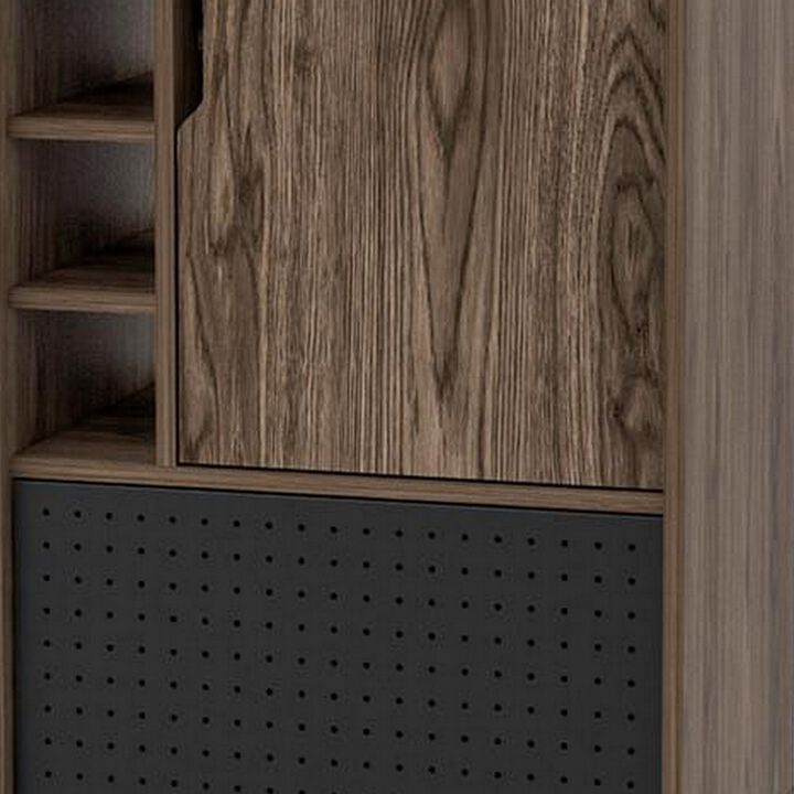 Nio 46 Inch Freestanding Bar Cabinet, Perforated Metal Door, Walnut Brown-Benzara