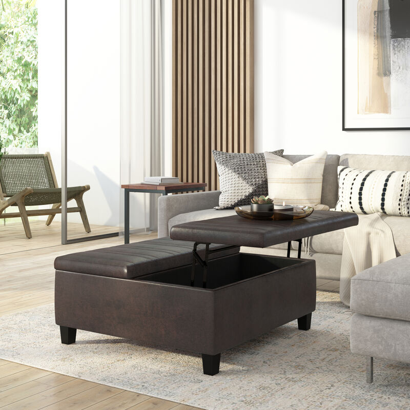 Ellis 36 inch Wide Contemporary Square Coffee Table Storage Ottoman in Distressed Brown Vegan Faux Leather, Assembled
