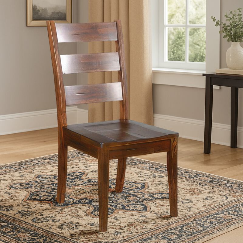 Reggie Dining Chair Set of 2, Ladderback, Dark Brown Mahogany Wood - Benzara