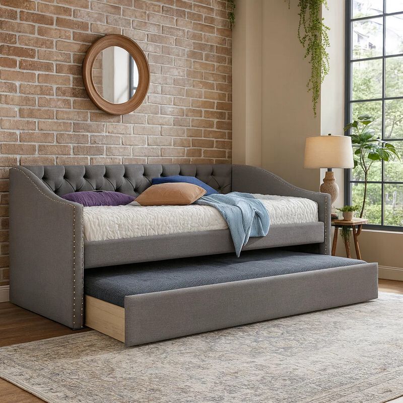 Rely Daybed with Pull Out Trundle, Modern Gray Tufted Upholstery image number 6