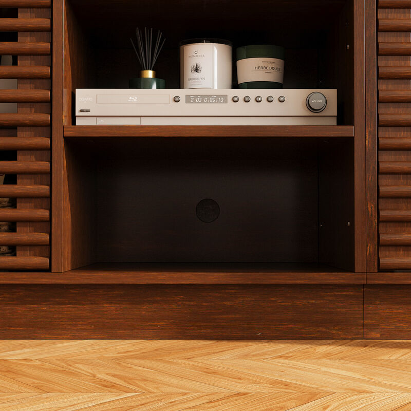 FUFU&GAGA Modern Wooden TV Stand with Slatted Doors – Stylish & Functional Storage (78.7" W x 18.8" H x 15.7" D), Brown