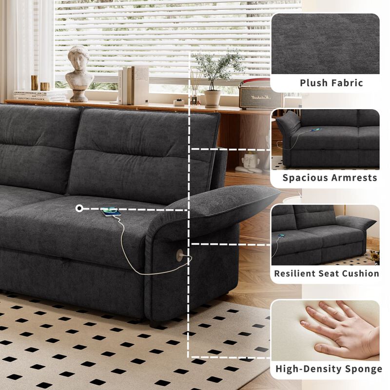 Convertible sleeper sofa bed, Plush fabric pull out futon with USB charging ports, 85 inch sofa bed for small spaces image number 8