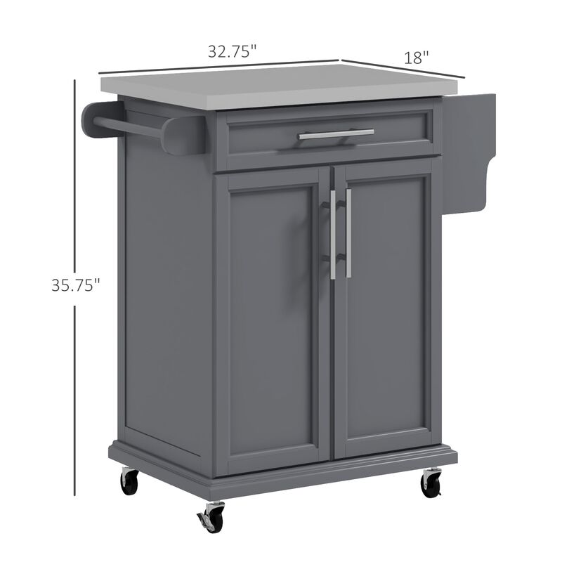 Kitchen Island on Wheels, Rolling Kitchen Cart with Drawer, Stainless Steel Top,Utility Cart with Towel Rack and Spice Rack, Gray