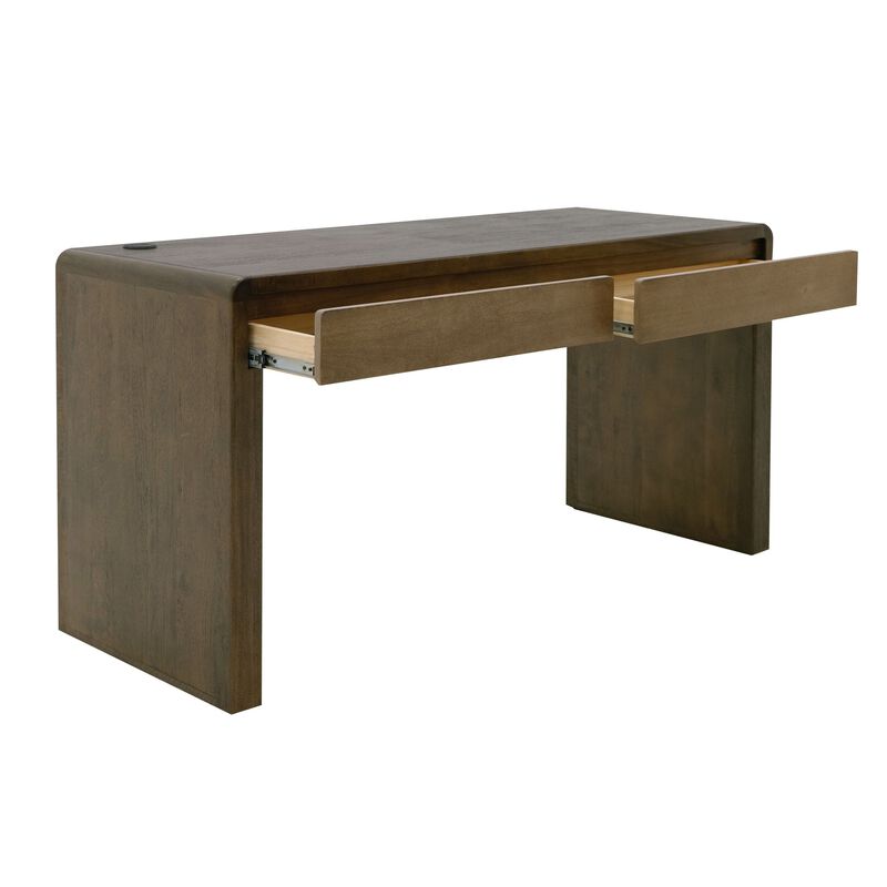 Esis Writing Desk, 2 Drawers, USB Ports, Dark Brown Mango Wood 60 Inch - Benzara