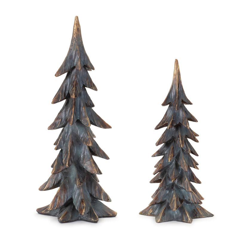 Set of 2 Holiday Pine Trees for Tabletop, Shelf, or Mantel Seasonal Display