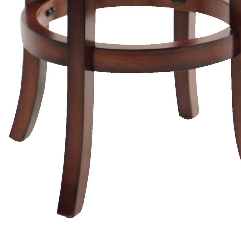 Sabi 29 inch Swivel Counter Stool, Solid Wood, Faux Leather, Brown, Black-Benzara