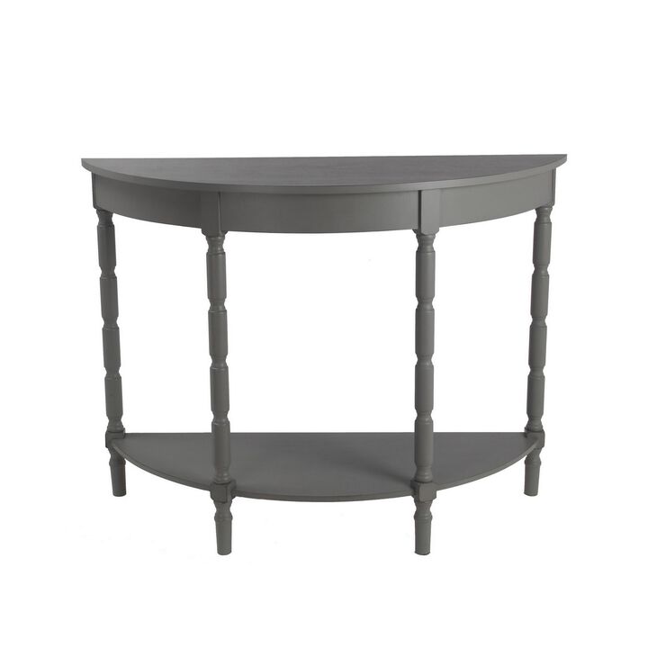 Half Moon Wooden Console Table with Open Shelf and Turned Legs, Light Gray-Benzara