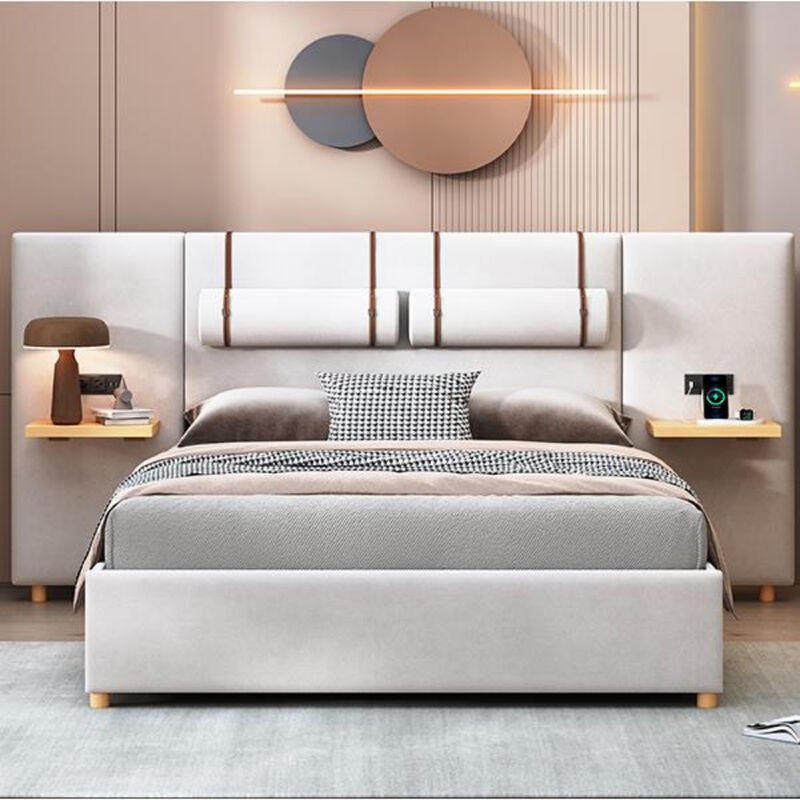 Upholstered Bed Frame with Dual USB Ports Outlets Storage Shelves and Pillows image number 3