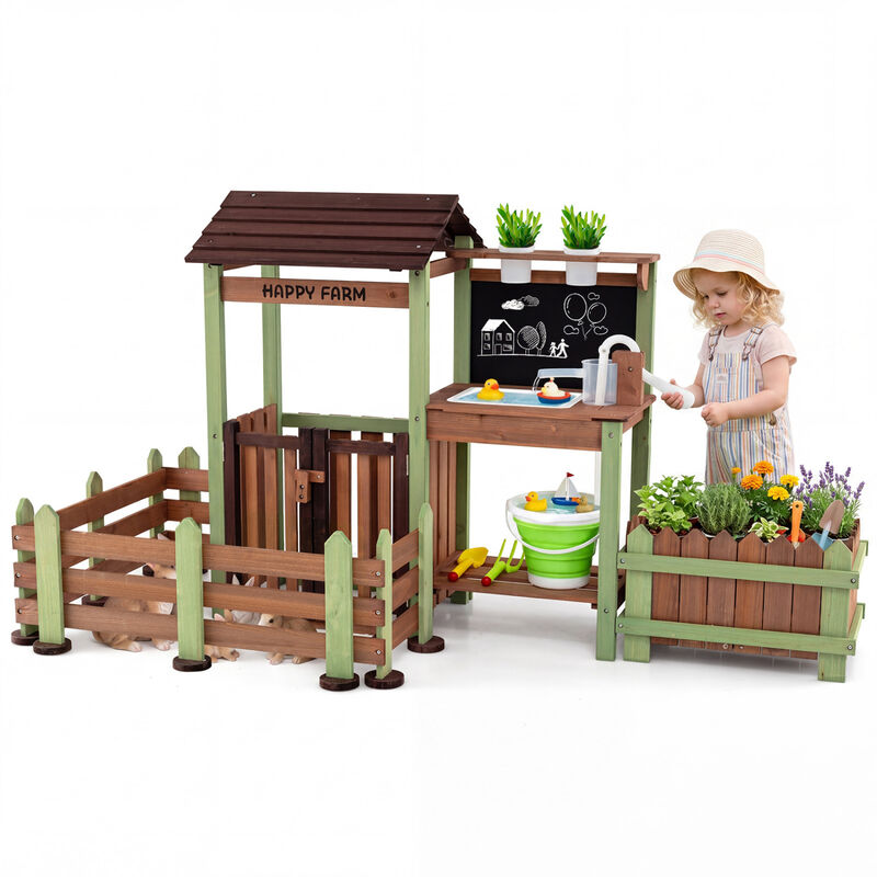 Kids Wooden Farm Playset with Planter Box and Water Faucet image number 3