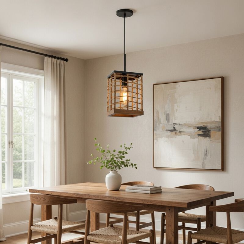 Pendant Light, Braided Burlap Shade, Square Caged Design, Black Metal image number 1