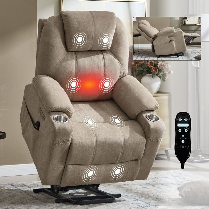 Chenille Power Lift Recliner Chair, Heavy Duty Motion Mechanism with Massage and Lumbar Heating, USB and Type-C Ports