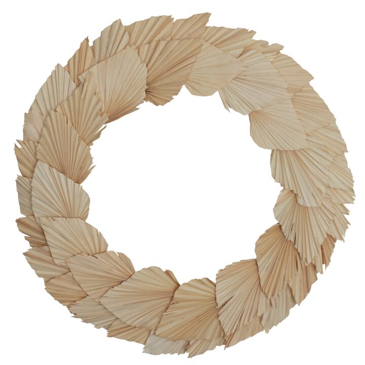 Vickerman Natural Botanicals 24" Bleached Palm Spear Wreath. This wreath measures 24 inches in diameter. It features bleached palm spear leaves on a coco fiber base. This is a dried and preserved natural product.