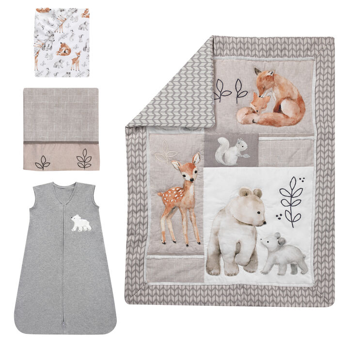 Lambs & Ivy Painted Forest 4-Piece Crib Bedding Set - Gray, Beige, White