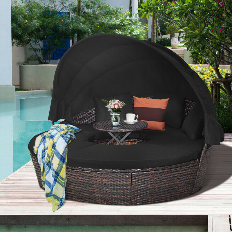 Patio Round Rattan Daybed with Retractable Canopy and Height Adjustable Coffee Table image number 2
