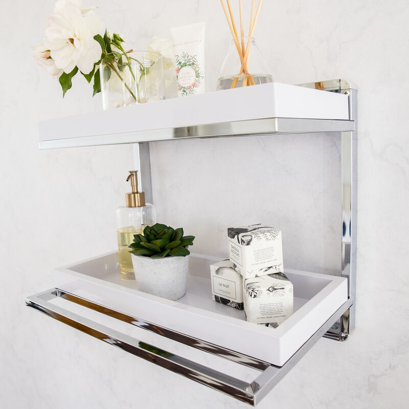 Wall Mount 2-Tier Chrome Shelving Unit with Towel Rack and 2 White Removable Trays