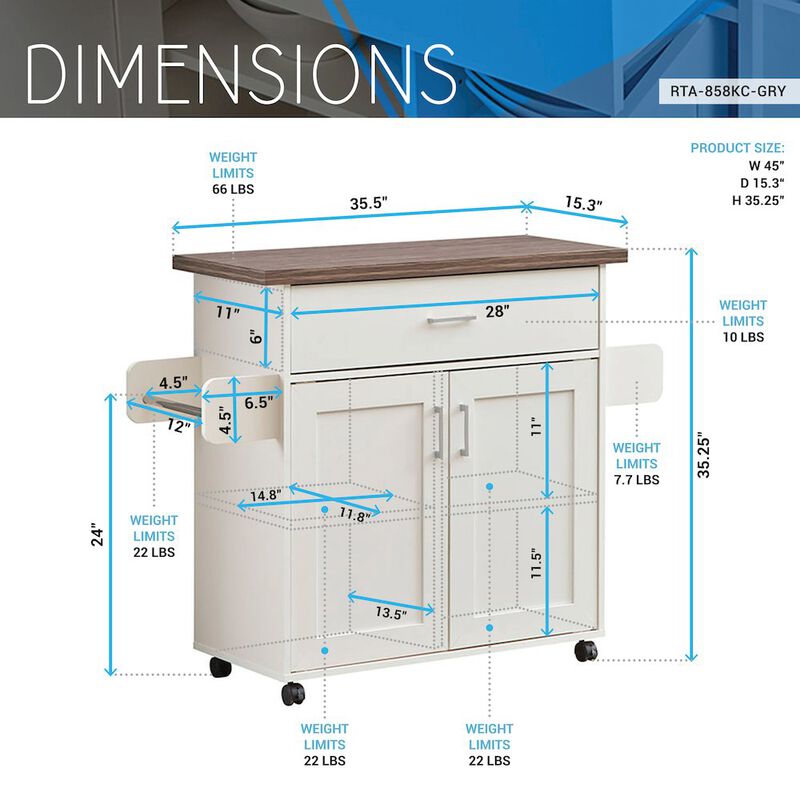 Techni Home Deluxe Mobile Kitchen Island Cart with Water Resistant Top