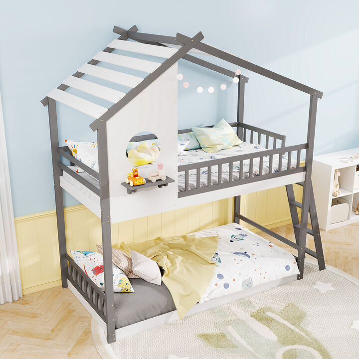 House-Style Bunk Bed with Roof and Guardrails – Safe & Whimsical Kids Sleeping Solution