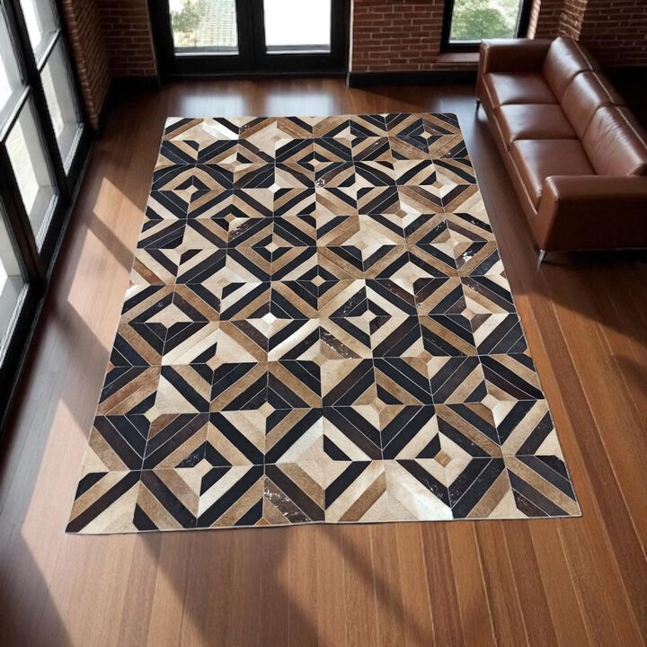 Geometric Brown Cowhide Patchwork Rug