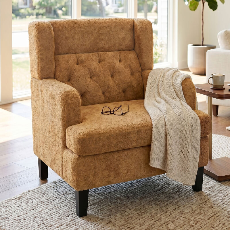Merax Modern Tufted Plush Fabric Accent Armchair with Solid Rubber Wood Legs image number 2