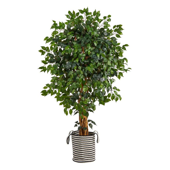 Nearly Natural 5.5-in Ficus Tree in Handmade Black & White Jute Planter