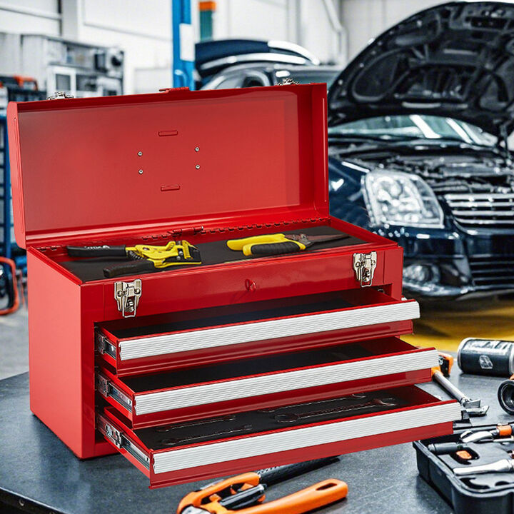 Metal Tool Box with 3 Drawers, Locking Small Tool Chest with EVA Lined Storage-Red