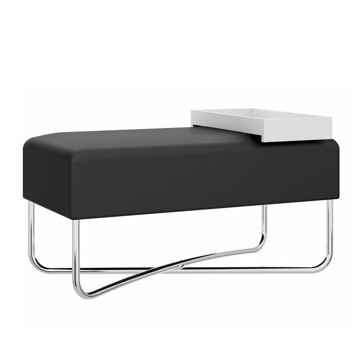 Pouffe with Rectangular Fabric Seat and Inbuilt Wooden Tray, Black and White-Benzara