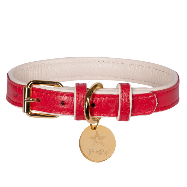 POISEPUP Genuine Leather Dog Collar - Handmade, Adjustable & Soft - Red | Cream