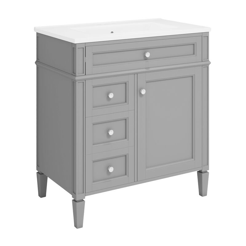 30'' Modern White Bathroom Vanity with Ceramic Top and Soft-Close Drawers