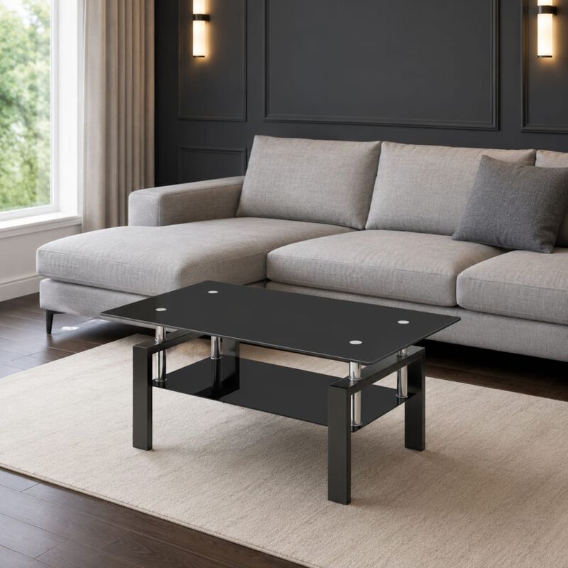 GOODSILO Modern 2-Layer Glass Coffee Table with Sleek Waterfall Edges, Space-Saving Accent Furniture for Living Room, Office & Reception Areas image number 2