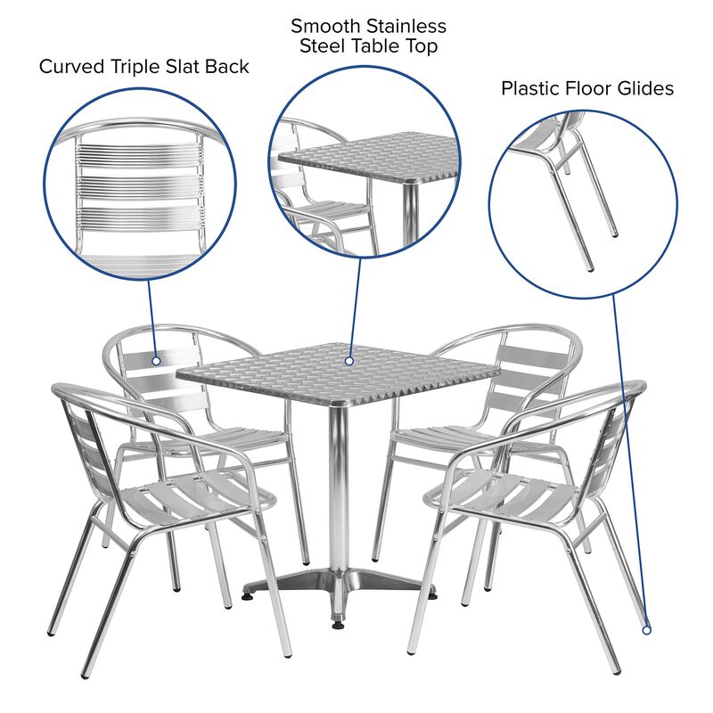 Flash Furniture Aluminum 5-Piece Patio Dining Set with Square Table and 4 Slat Back Chairs, Indoor/Outdoor Bistro Table and Chairs Set, Silver