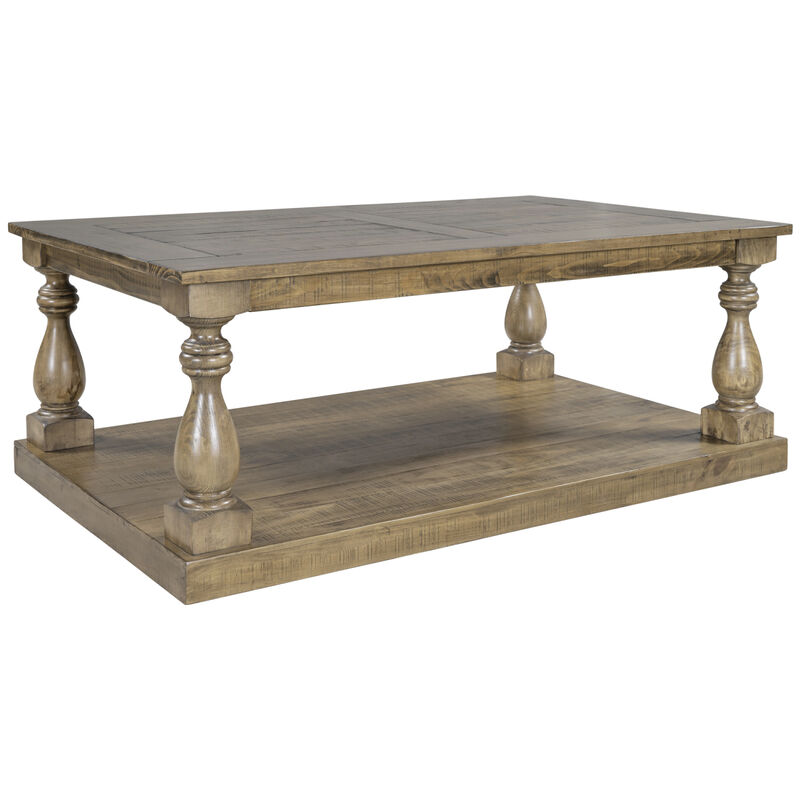 U_STYLE Rustic Floor Shelf Coffee Table with Storage, Solid Pine Wood