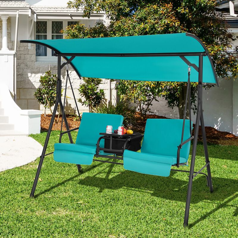 Mondawe 2-Person Canopy Metal Porch Swing Padded Chair with Cooler Bag Rotatable Tray