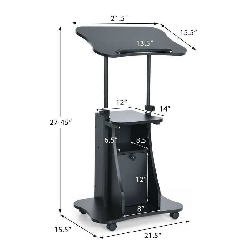 Adjustable Mobile Standing Desk Cart with Tilt Desktop and Cabinet