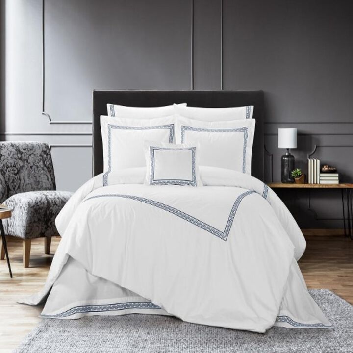 Chic Home Crete Cotton Comforter Set Dual Stripe Embroidered Border Zig-Zag Details Hotel Collection Bed In A Bag Bedding - Includes Sheets Pillowcases Decorative Pillow Shams - 8 Piece - King 106x96, Navy