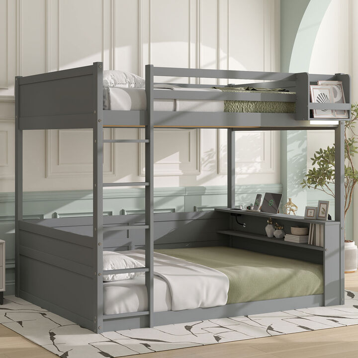Whisen Queen Size Bunk Bed with Shelves, LED & USB, Space-Saving for Kids Bedroom