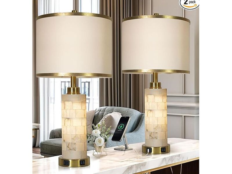 Natural Alabaster Table Lamps – Set of 2, USB A+C, Nightlight, Linen Shade
